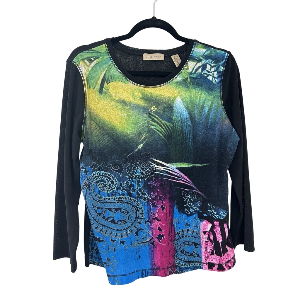 i.e. relaxed Womens Large Black Mixed Print Tropical Paisley Long Sleeve‎ Top L